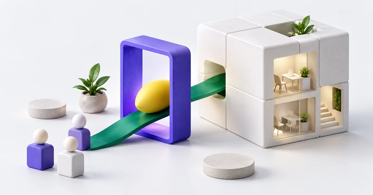 A yellow seed passes through a purple portal into a modular business, with collaborators alongside it.