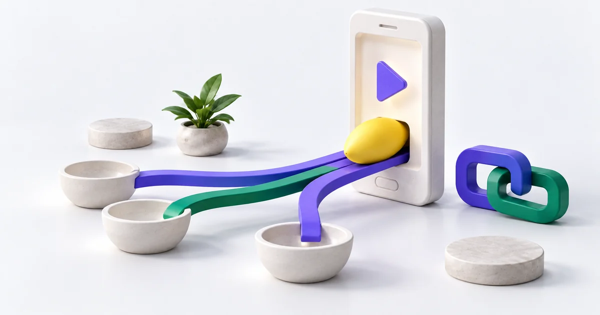 A sculptural creator phone connects to recipient bowls beside an interlocking agreement link.