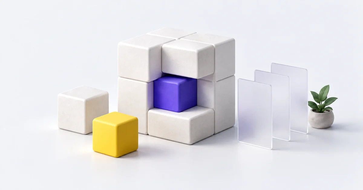 A modular white company sculpture with a purple center, yellow building blocks, and translucent agreement sheets on an off-white background.